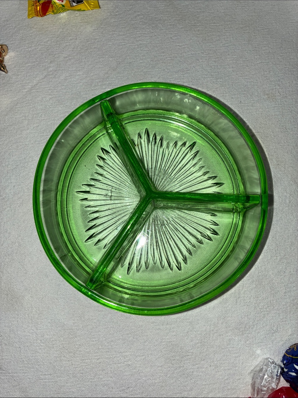 Green Glass Tri-Compartment Serving Tray - Decorative Starburst Design